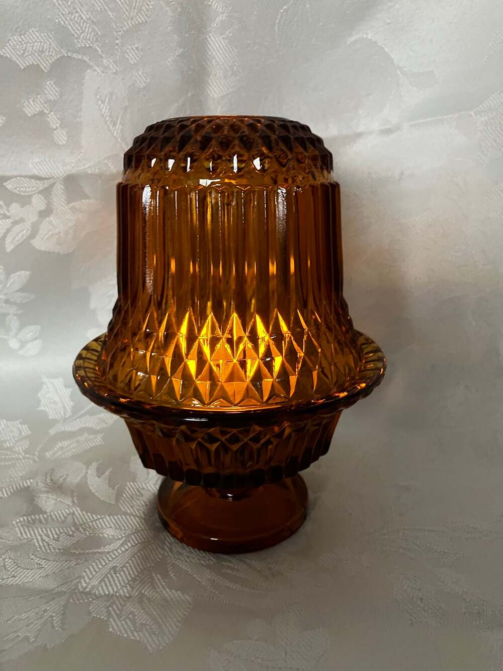Vintage Indiana Glass Diamond Point Amber Fairy Lamp Candle Holder